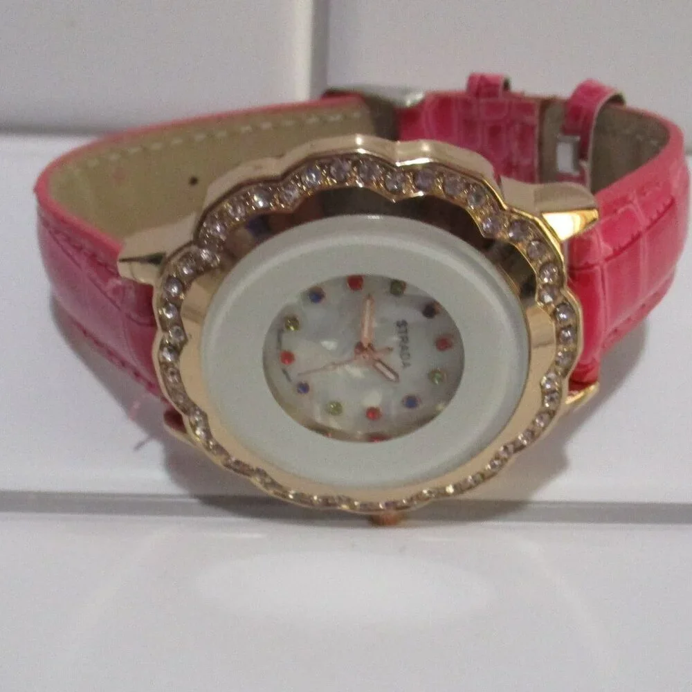 STRADA Watch Austrian Crystal Faux Leather Bnd Pink